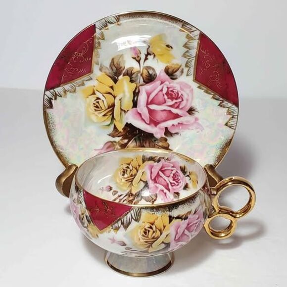 Del Coronado Teacup and Saucer Pink Yellow Roses Vintage - Picture 10 of 10